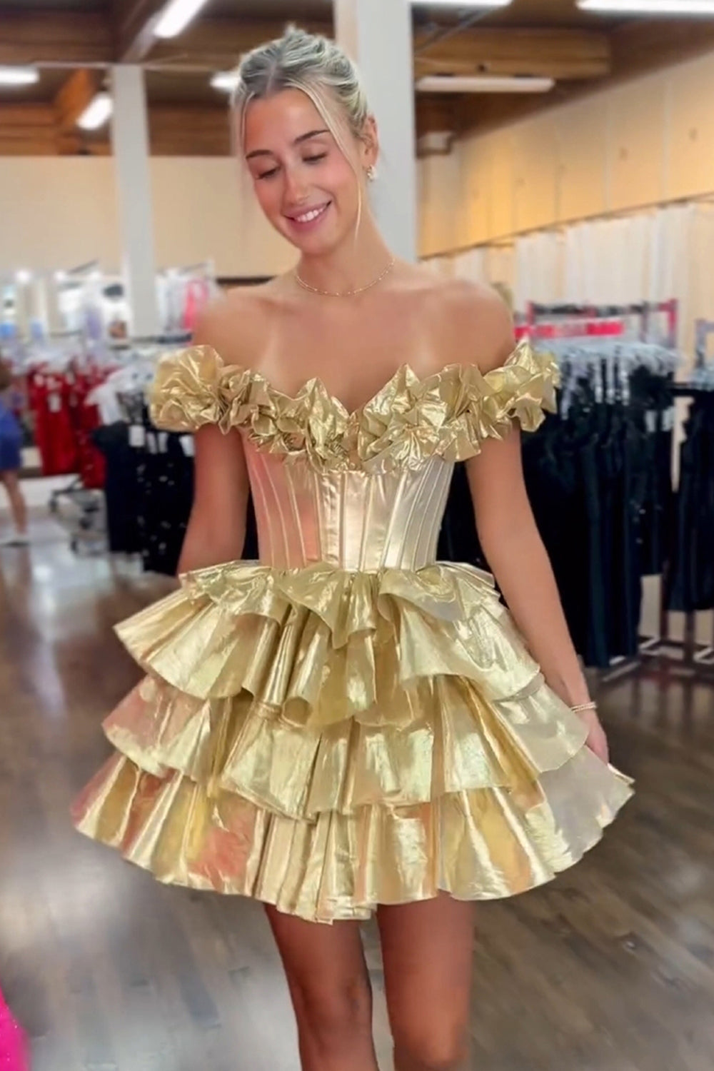 Dressystars Golden Homecoming Dress Off The Shoulder Corset Short Prom Dress With Ruffles