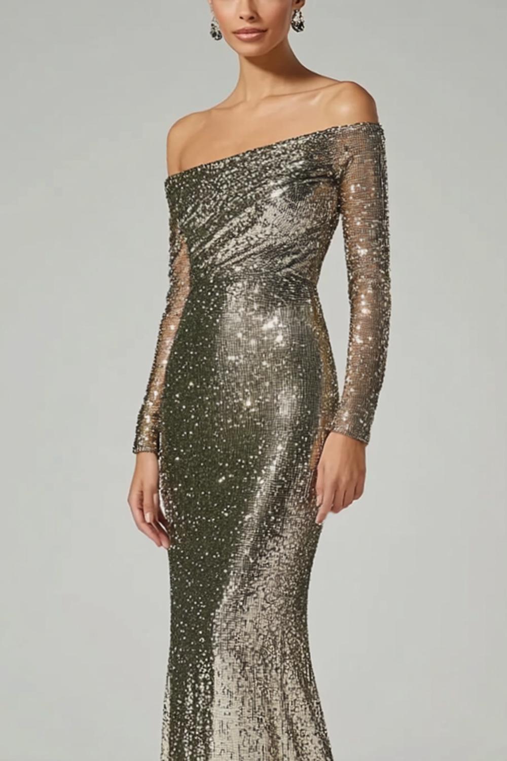 Dressystars Golden Sheath Off The Shoulder Sequin Long Formal Dress