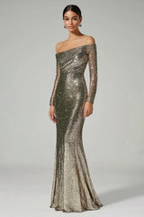 Dressystars Golden Sheath Off The Shoulder Sequin Long Formal Dress