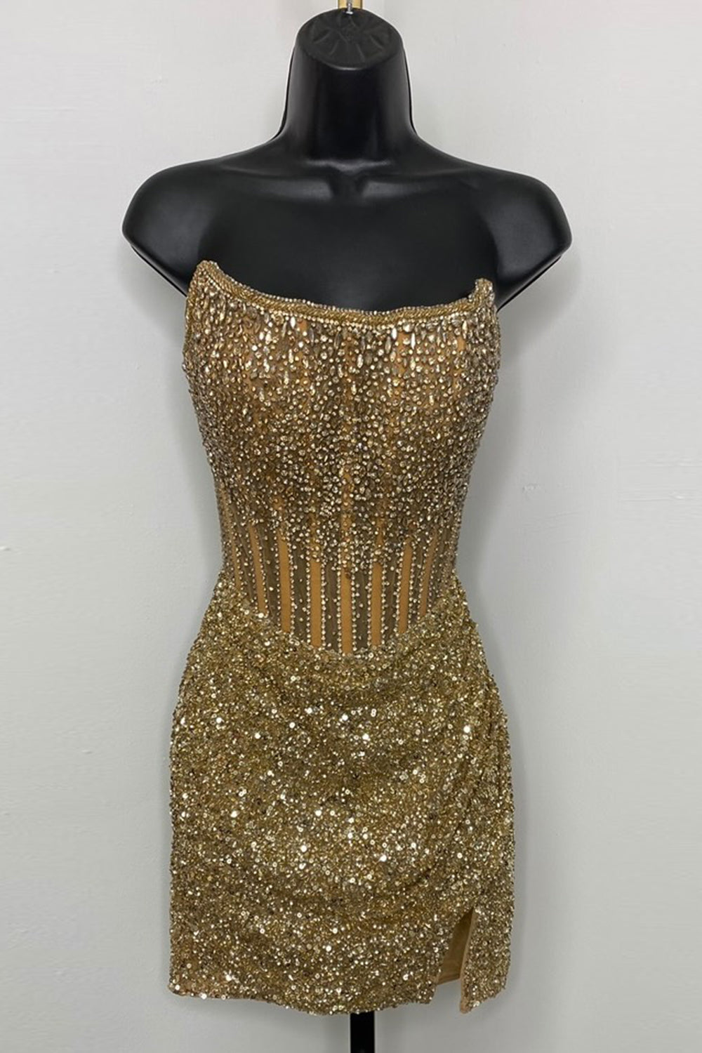 Dressystars Golden Silver Homecoming Dress Corset Strapless Tight Short Prom Dress with Beading