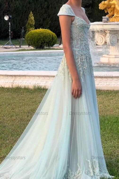 Dressystars Gorgeous A Line Sweetheart Light Green Long Prom Dress With Appliques Formal Evening Gown