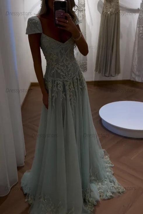Dressystars Gorgeous A Line Sweetheart Light Green Long Prom Dress With Appliques Formal Evening Gown