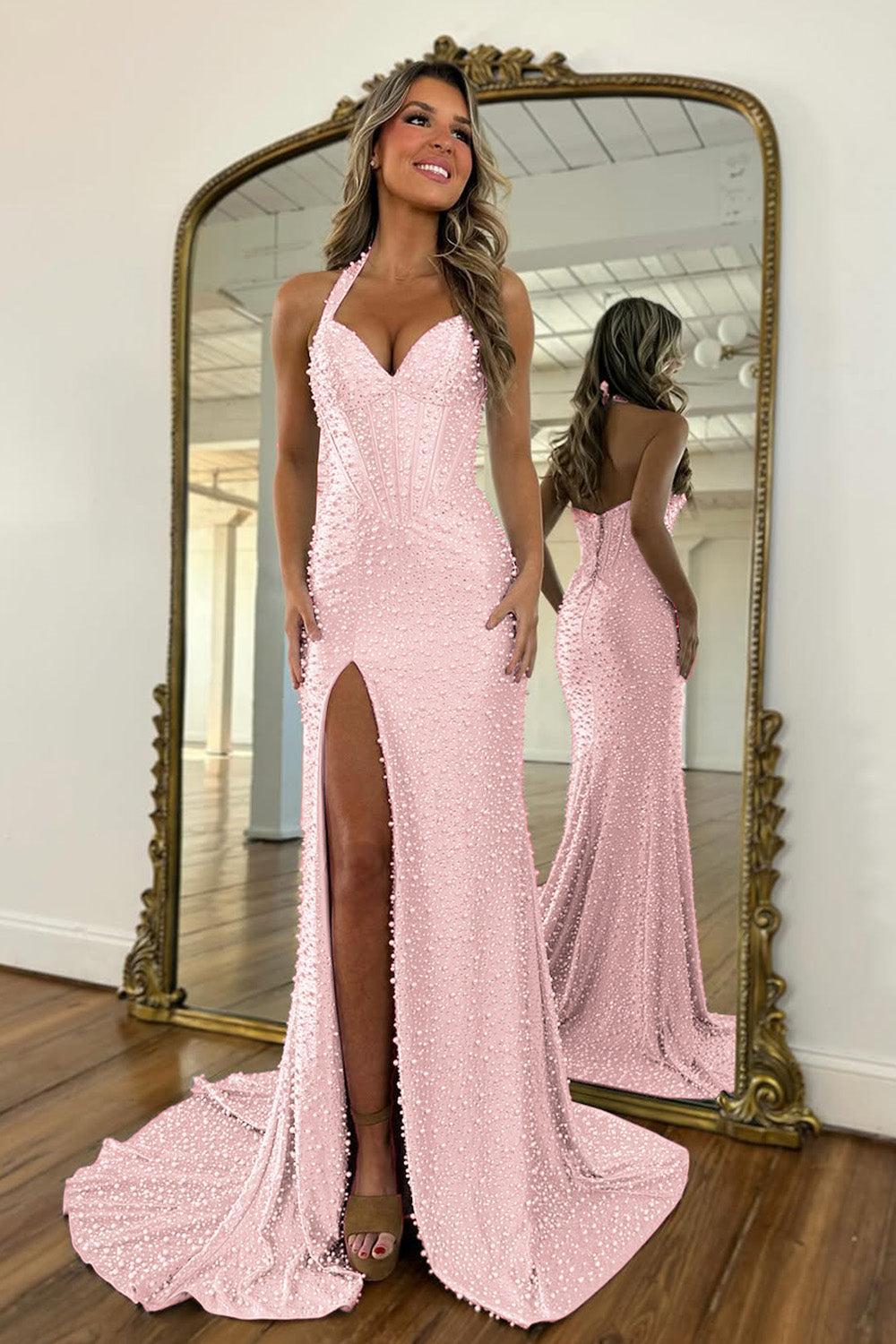 Dressystars Gorgeous Light Blue Beaded Halter Mermaid Prom Dress With Pearls And Slit Formal Evening Gown