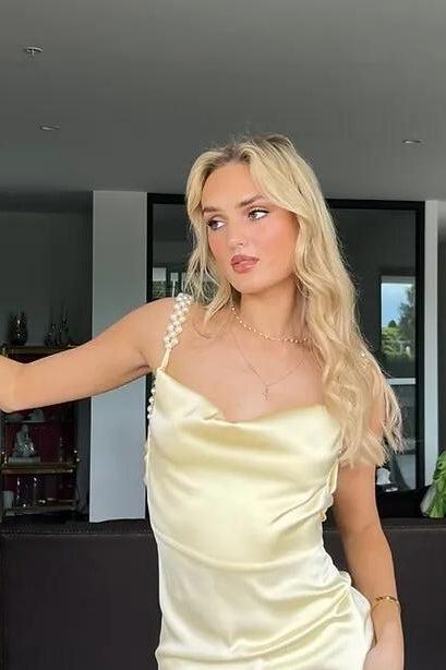 Dressystars Gorgeous Sheath Spaghetti Straps Yellow Long Party Dress With Pearl Backless Formal Evening Gown