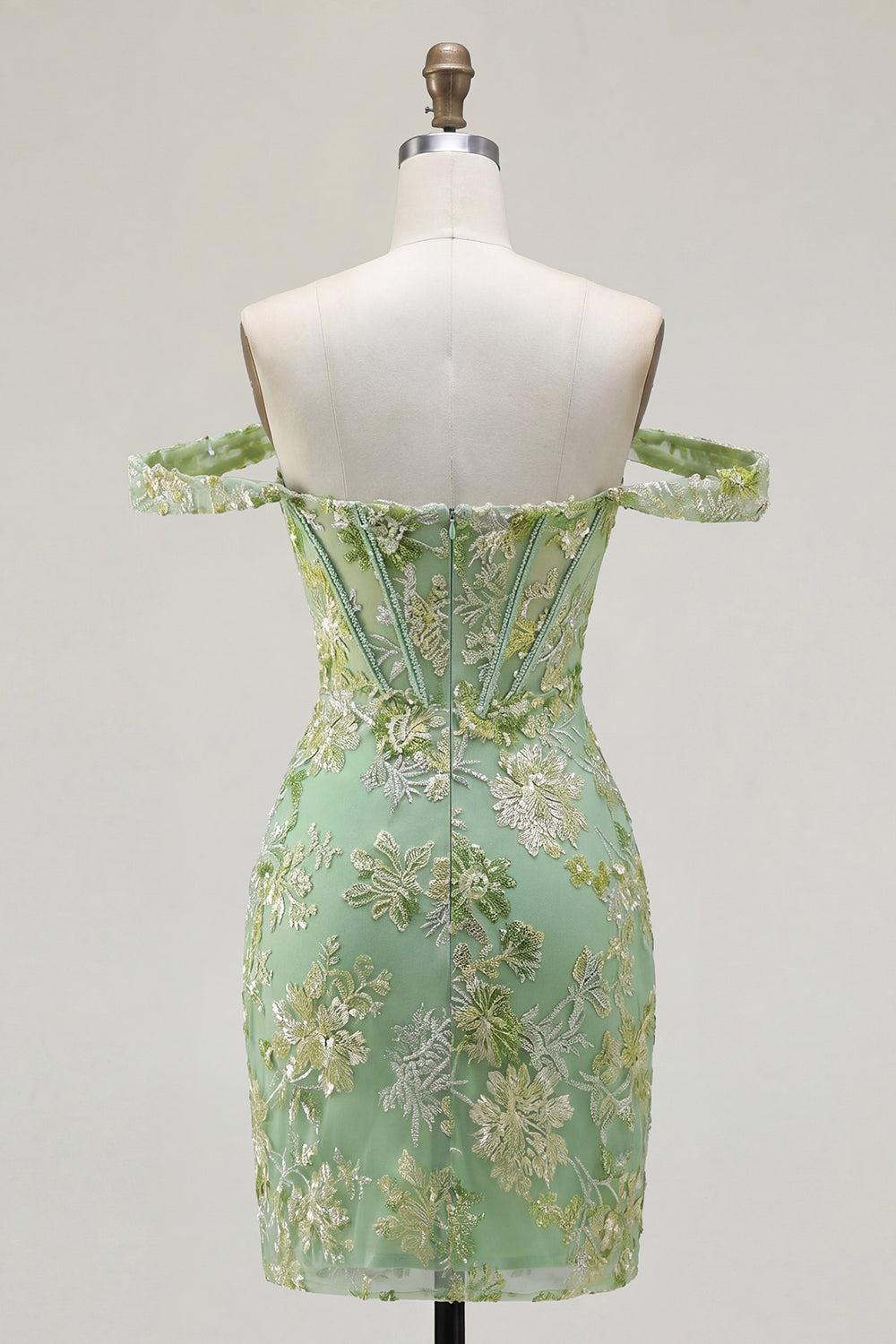 Dressystars Green Floral Off-the-Shoulder Corset Tight Short Homecoming Dress
