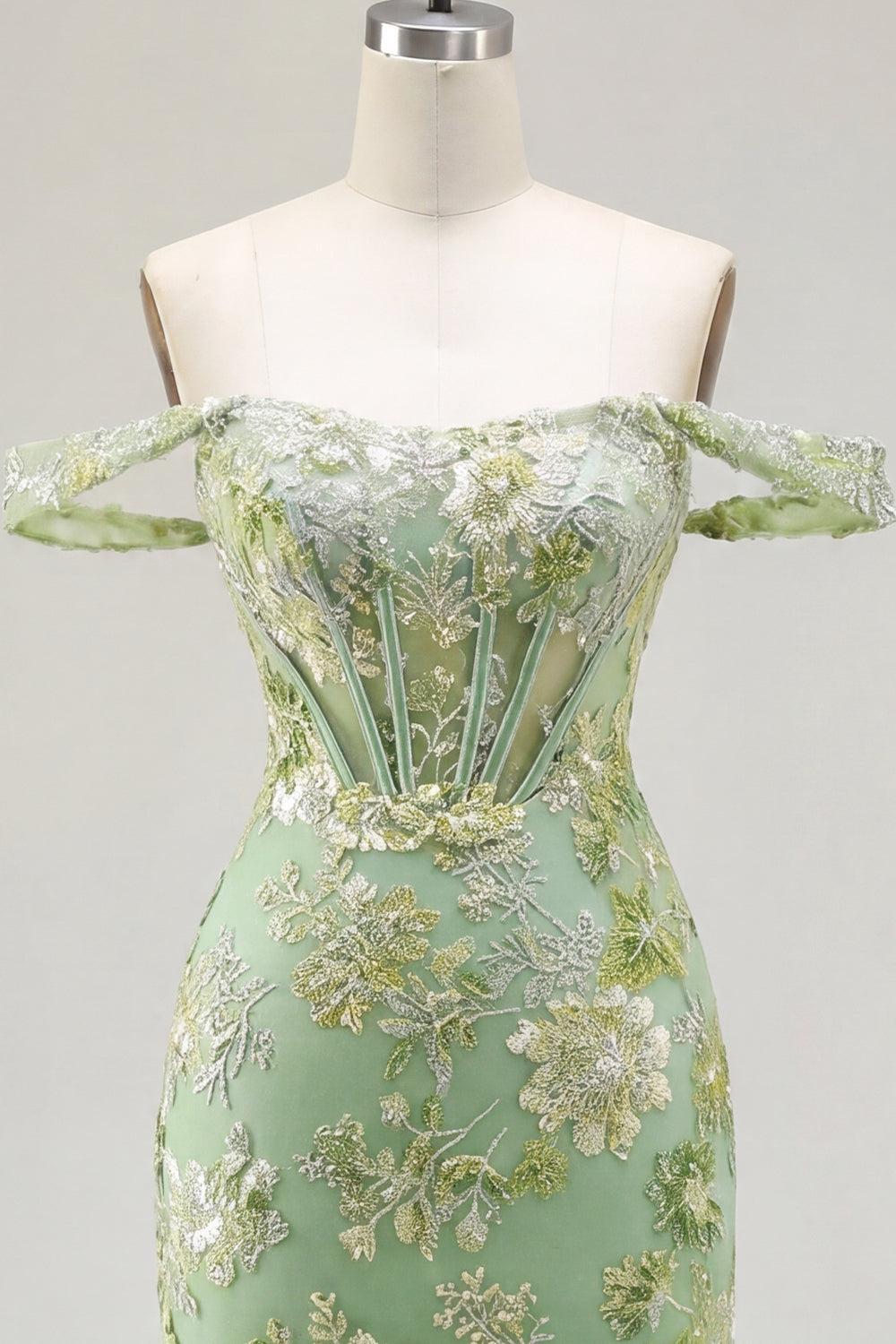 Dressystars Green Floral Off-the-Shoulder Corset Tight Short Homecoming Dress