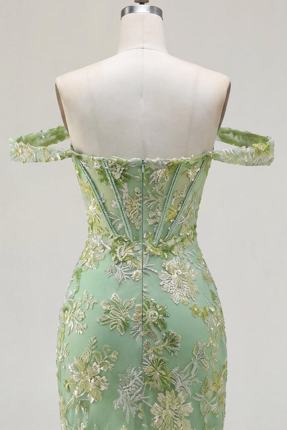 Dressystars Green Floral Off-the-Shoulder Corset Tight Short Homecoming Dress