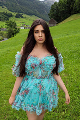 Dressystars Green Homecoming Dress Off the Shoulder Printed Tiered A Line Short Prom Dress