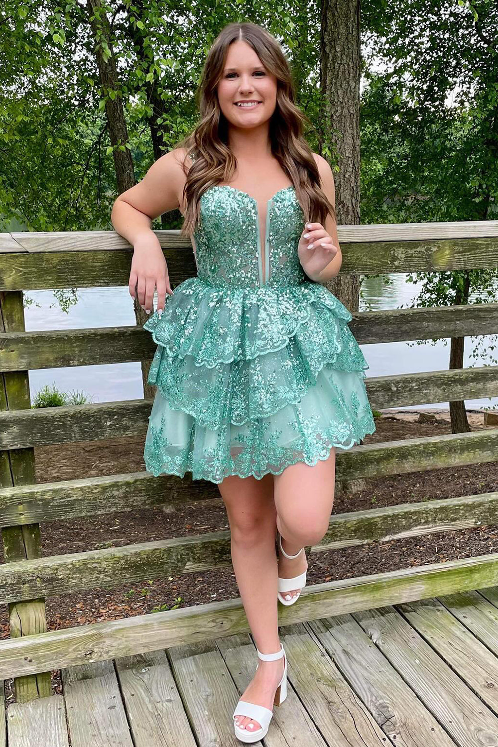 Dressystars Green Homecoming Dress Sequin Corset Short Prom Dress With Ruffles