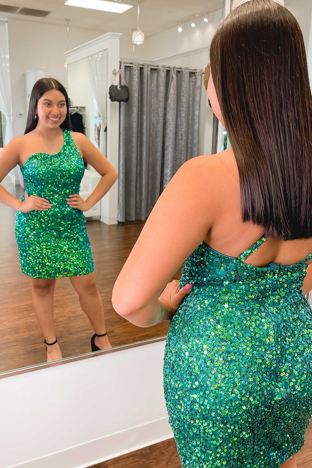 Dressystars Green Homecoming Dress Sequin One Shoulder Tight Short Prom Dress