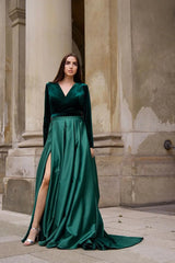 Dressystars Green Long Sleeve Formal Dress Velvet Satin A Line V Neck Christmas Party Dress