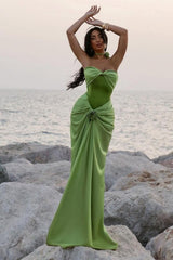 Dressystars Green Ruched Bodice Mermaid Draped Maxi Prom Dress With Rosette Detail Formal Evening Gown