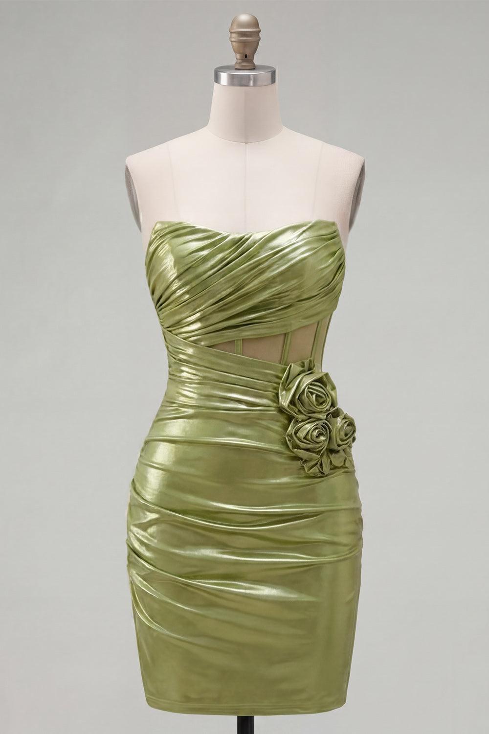 Dressystars Green Strapless Ruched Corset Tight Short Homecoming Dress with 3D Flowers