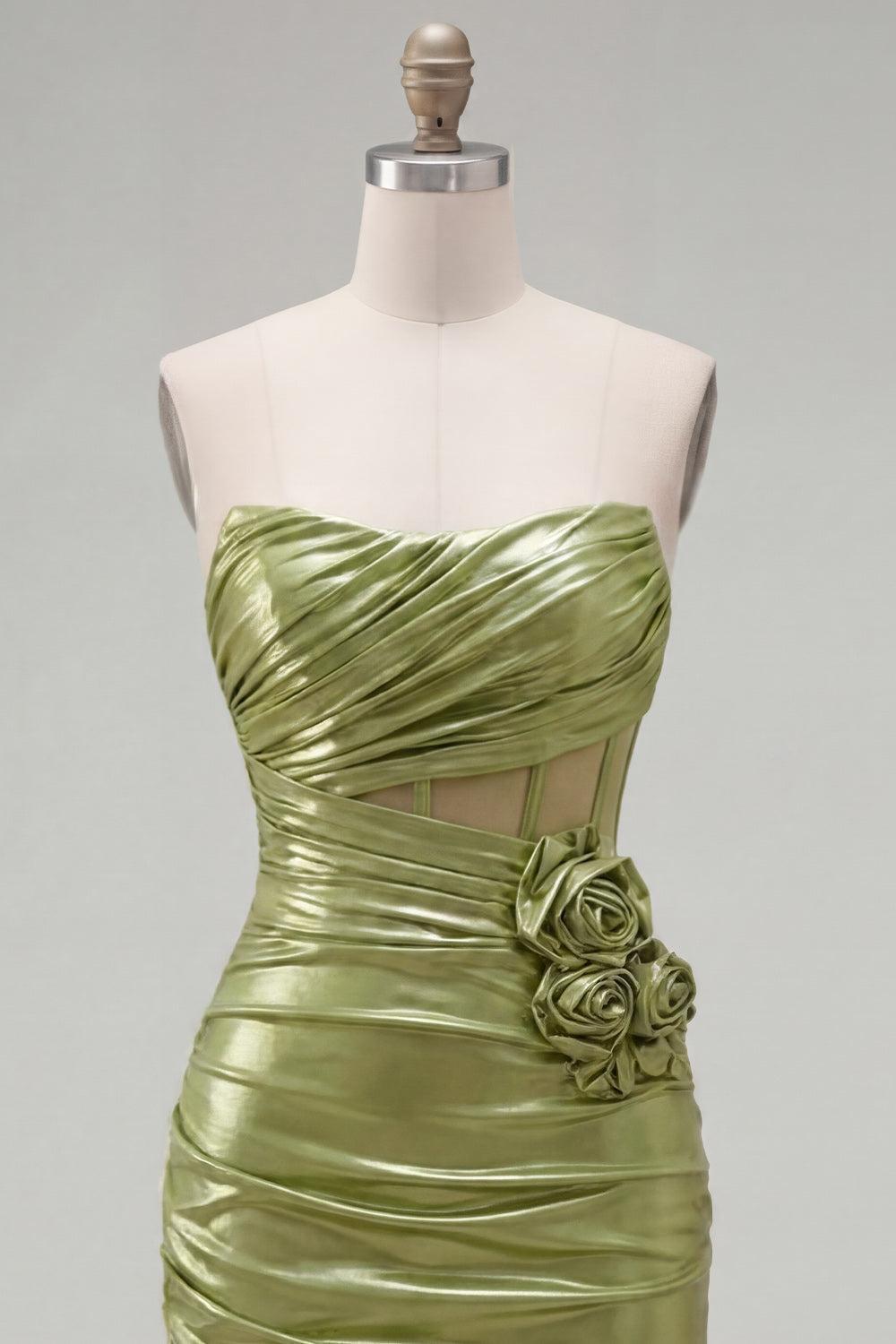Dressystars Green Strapless Ruched Corset Tight Short Homecoming Dress with 3D Flowers