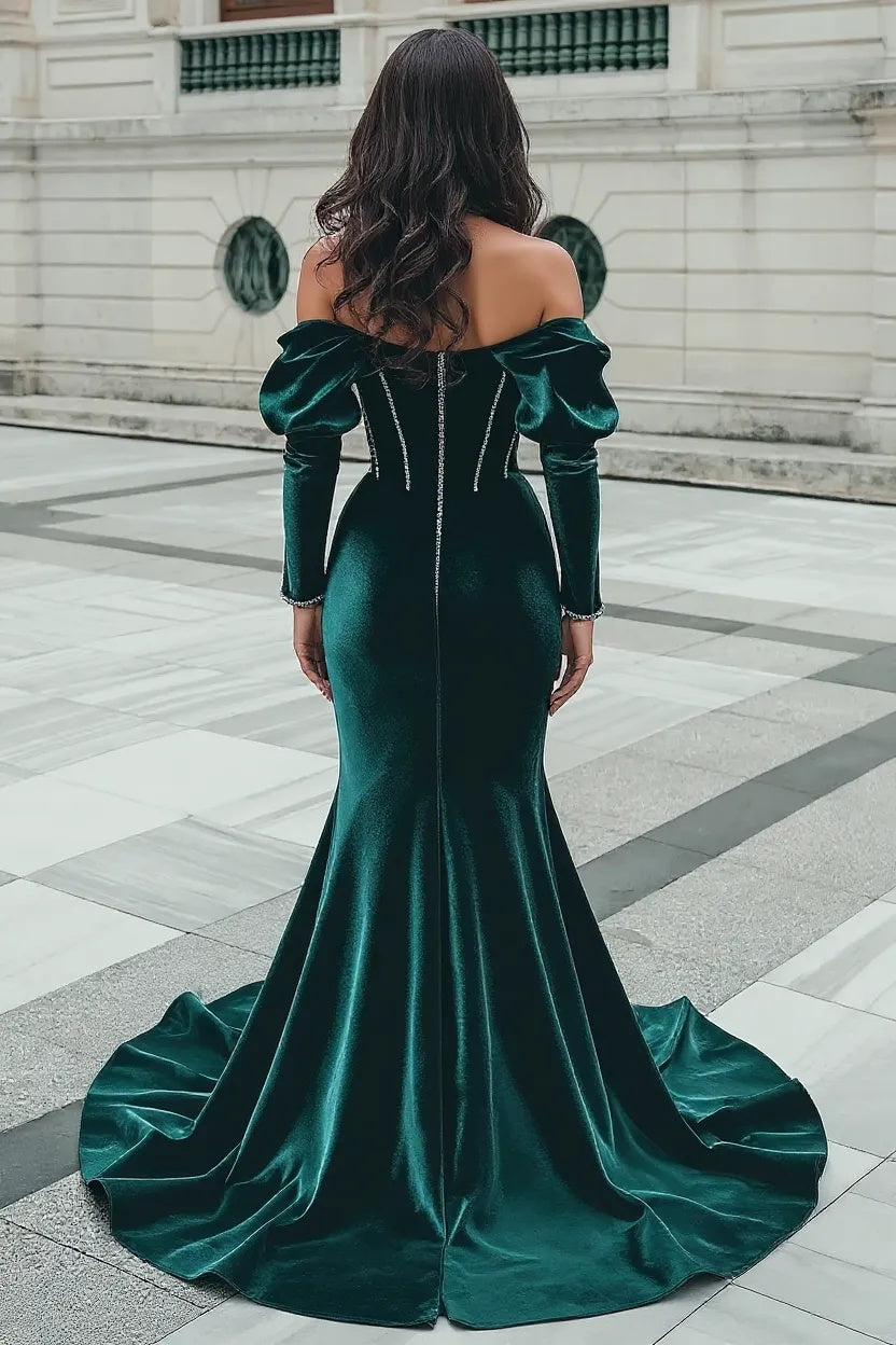Dressystars Green Velvet Formal Dress Mermaid Long Sleeve Christmas Party Dress with Slit