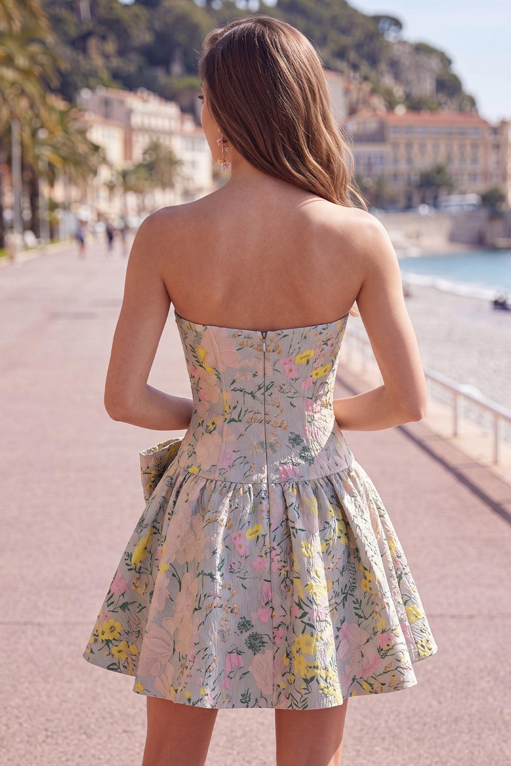 Dressystars Grey A-Line Jacquard Short Corset Homecoming Dress with Bow