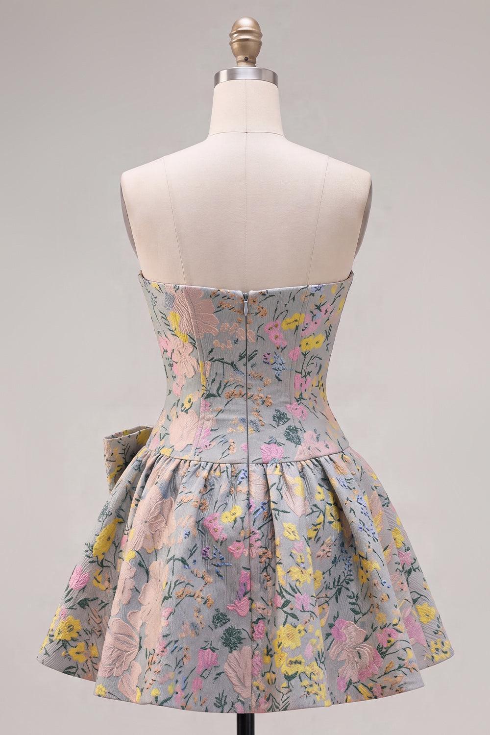 Dressystars Grey A-Line Jacquard Short Corset Homecoming Dress with Bow