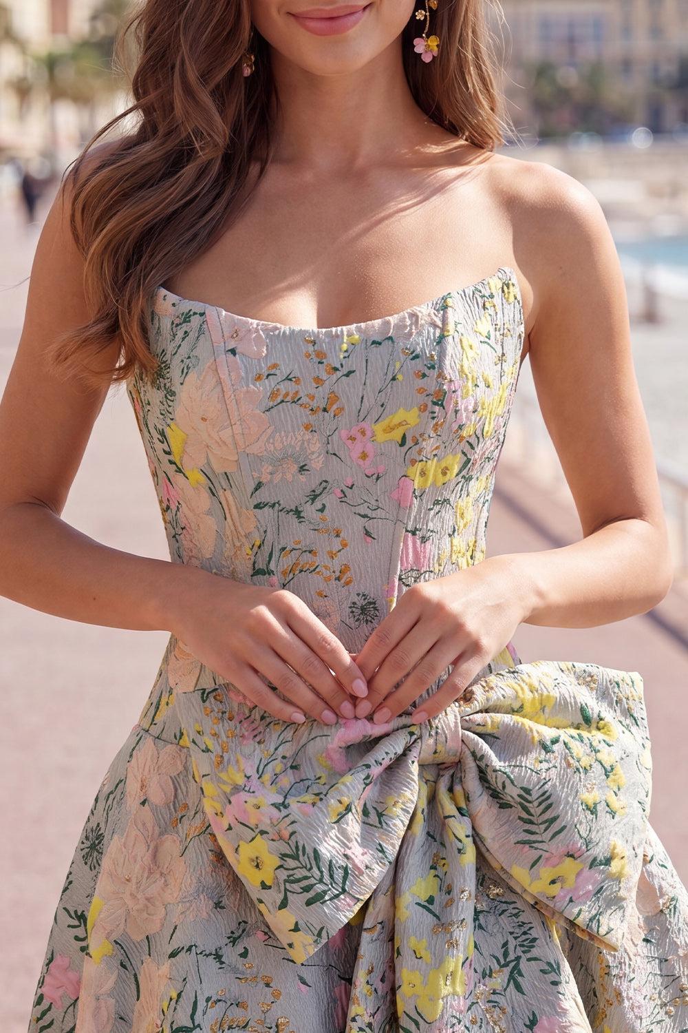 Dressystars Grey A-Line Jacquard Short Corset Homecoming Dress with Bow