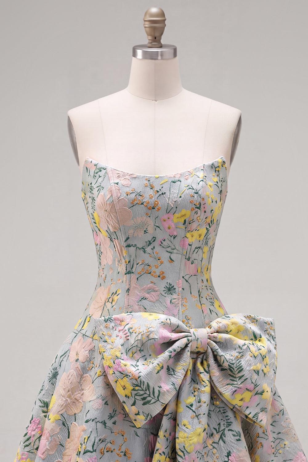 Dressystars Grey A-Line Jacquard Short Corset Homecoming Dress with Bow