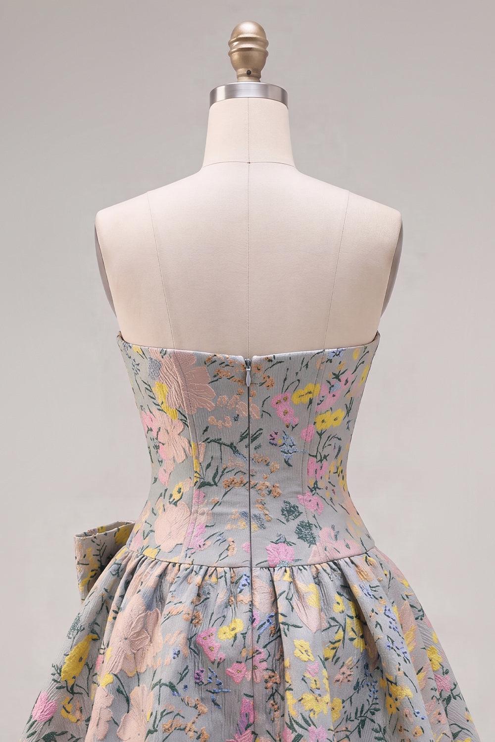 Dressystars Grey A-Line Jacquard Short Corset Homecoming Dress with Bow