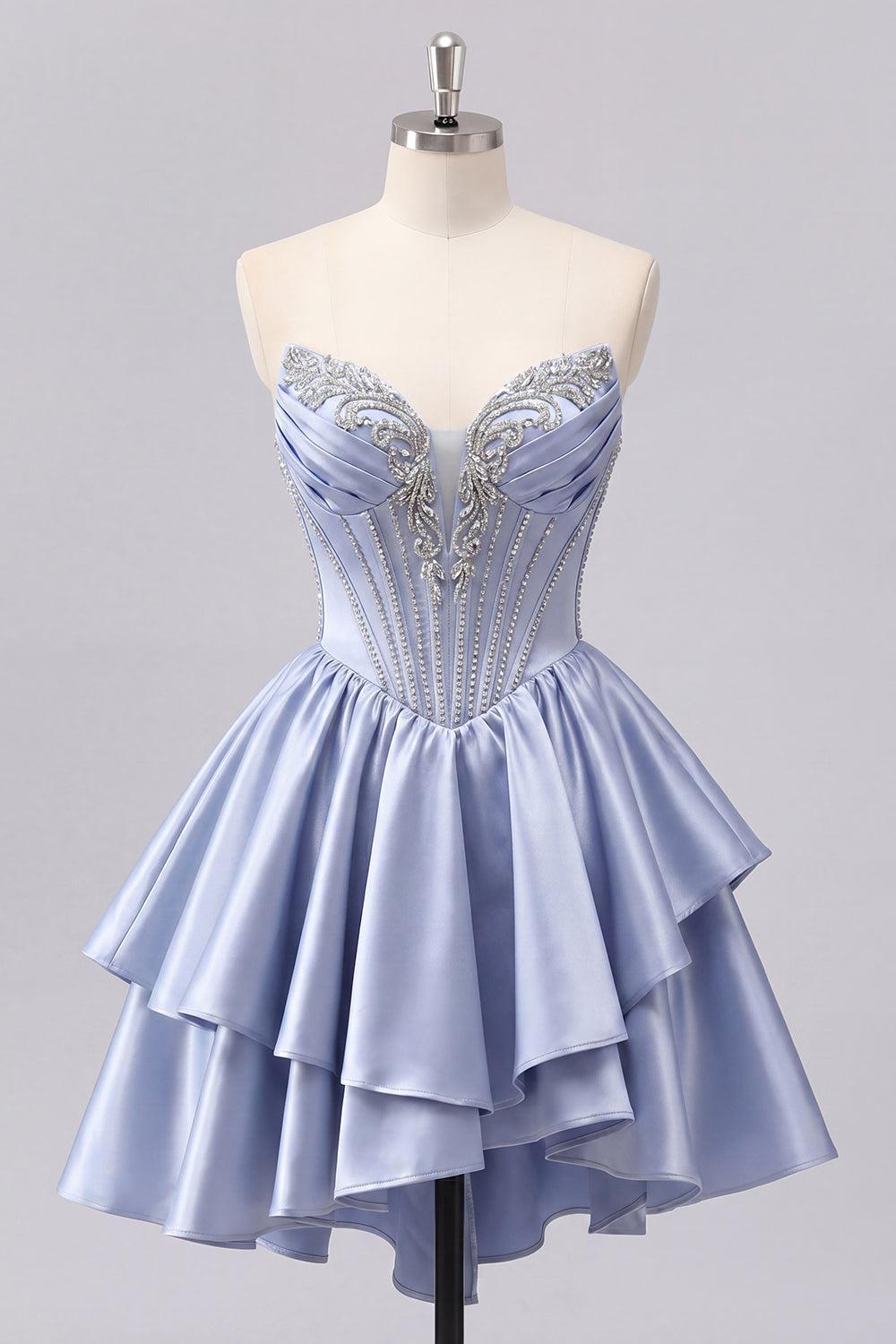 Dressystars Grey-Blue Beaded A-Line Corset Short Homecoming Dress with Ruffles