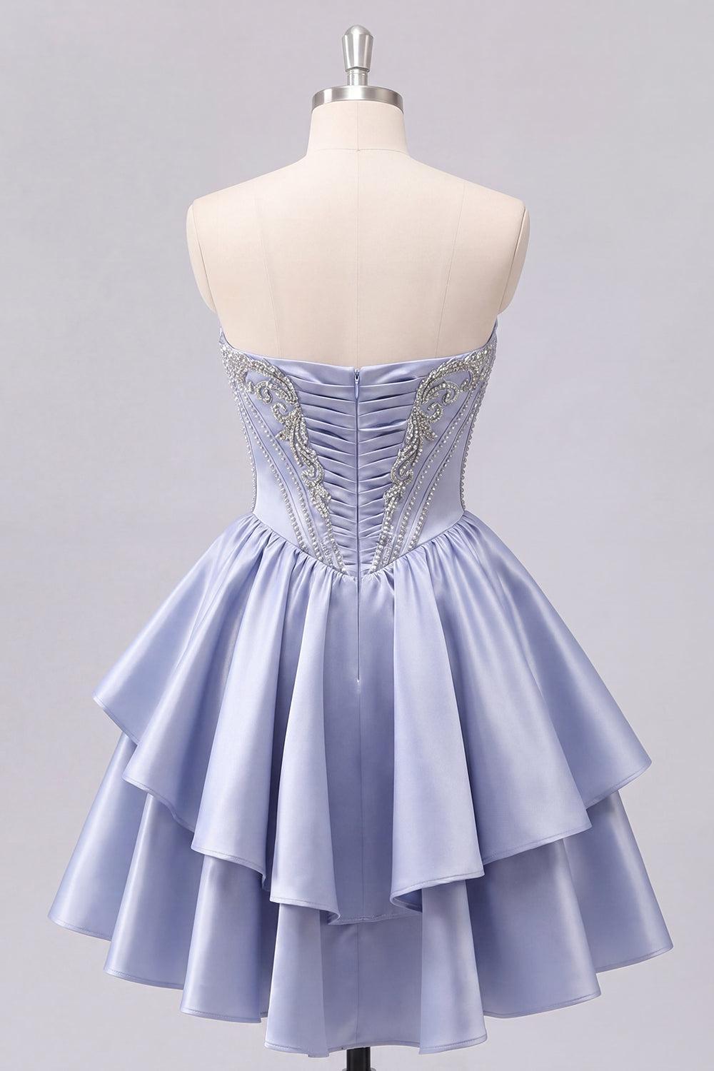 Dressystars Grey-Blue Beaded A-Line Corset Short Homecoming Dress with Ruffles