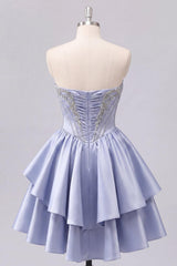 Dressystars Grey-Blue Beaded A-Line Corset Short Homecoming Dress with Ruffles