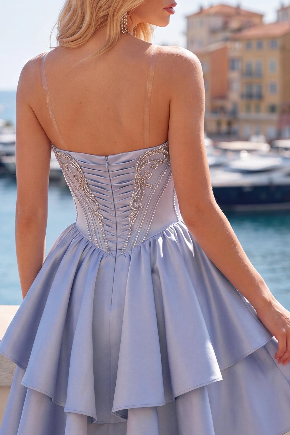 Dressystars Grey-Blue Beaded A-Line Corset Short Homecoming Dress with Ruffles