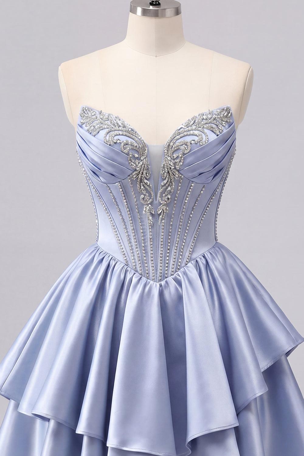 Dressystars Grey-Blue Beaded A-Line Corset Short Homecoming Dress with Ruffles
