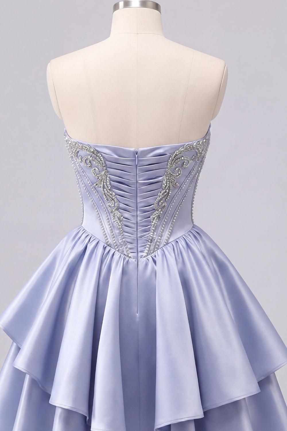 Dressystars Grey-Blue Beaded A-Line Corset Short Homecoming Dress with Ruffles