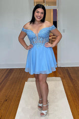 Dressystars Grey Blue Homecoming Dress Corset A-Line Chiffon Short Prom Dress with Lace