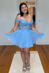 Dressystars Grey Blue Homecoming Dress Corset A-Line Chiffon Short Prom Dress with Lace