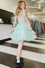 Dressystars Grey Blue Ruffled A Line Homecoming Dresses Tiered Short Corset Cocktail Dresses