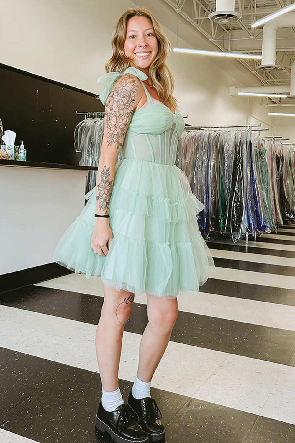Dressystars Grey Blue Ruffled A Line Homecoming Dresses Tiered Short Corset Cocktail Dresses