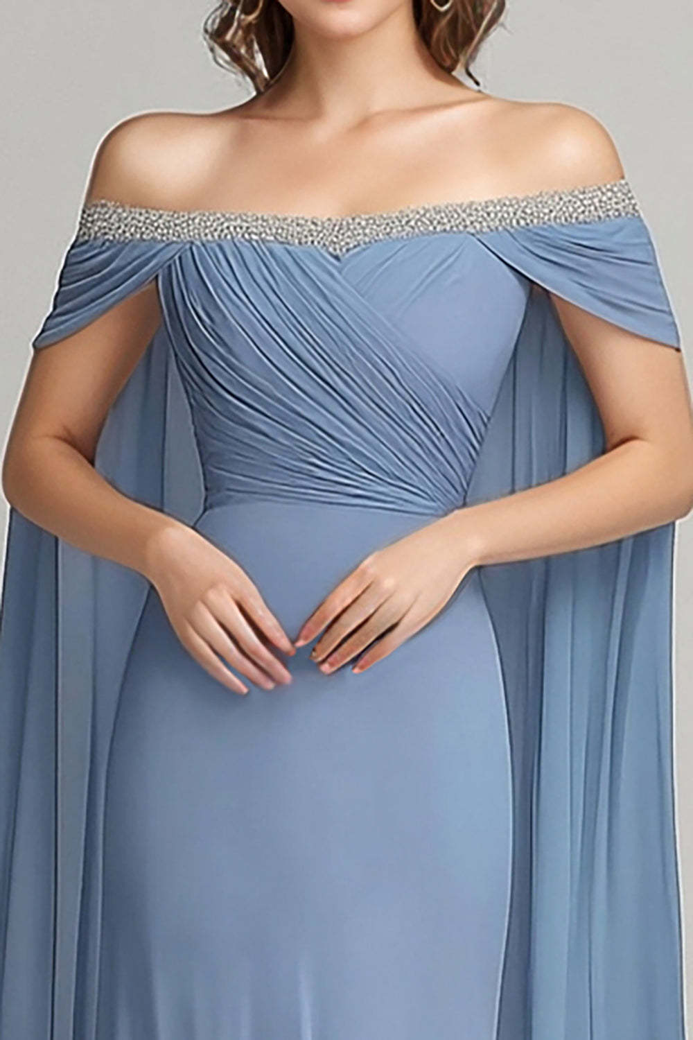 Dressystars Grey Blue Wedding Guest Dress Chiffon Off The Shoulder Formal Dress With Cape