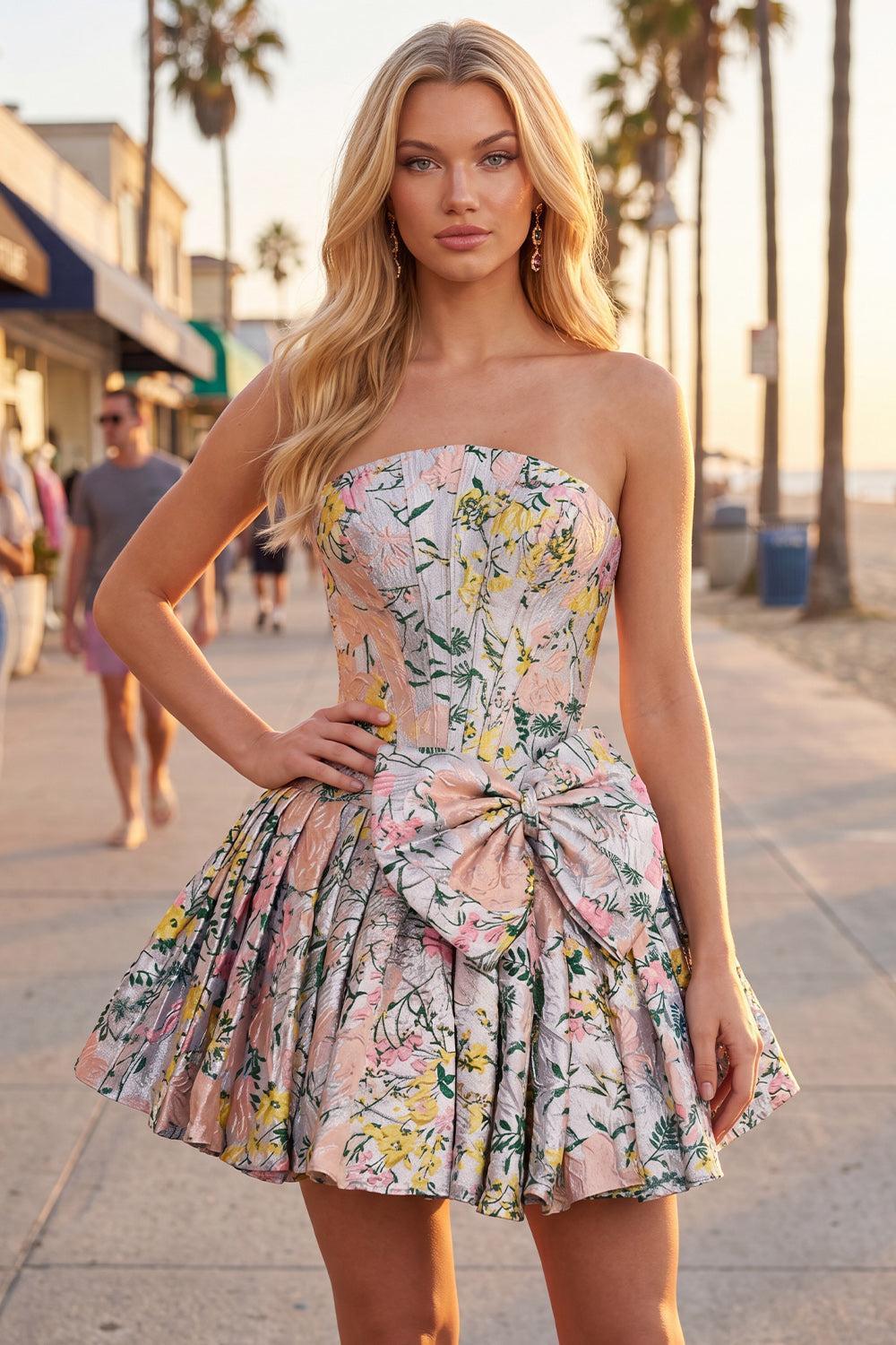 Dressystars Grey Corset Jacquard A-Line Short Homecoming Dress with Bow