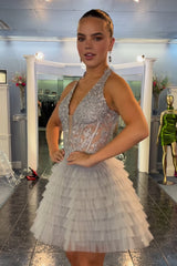 Dressystars Grey Homecoming Dress A Line Halter Tiered Short Corset Prom Dress