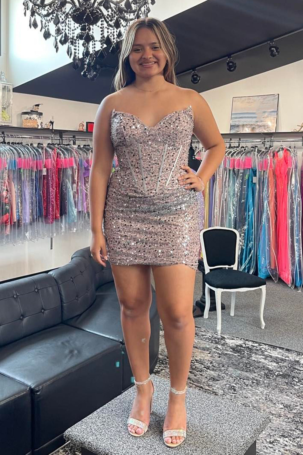 Dressystars Grey Homecoming Dress Pink Homecoming Dress Sequin Corset Tight Short Prom Dress
