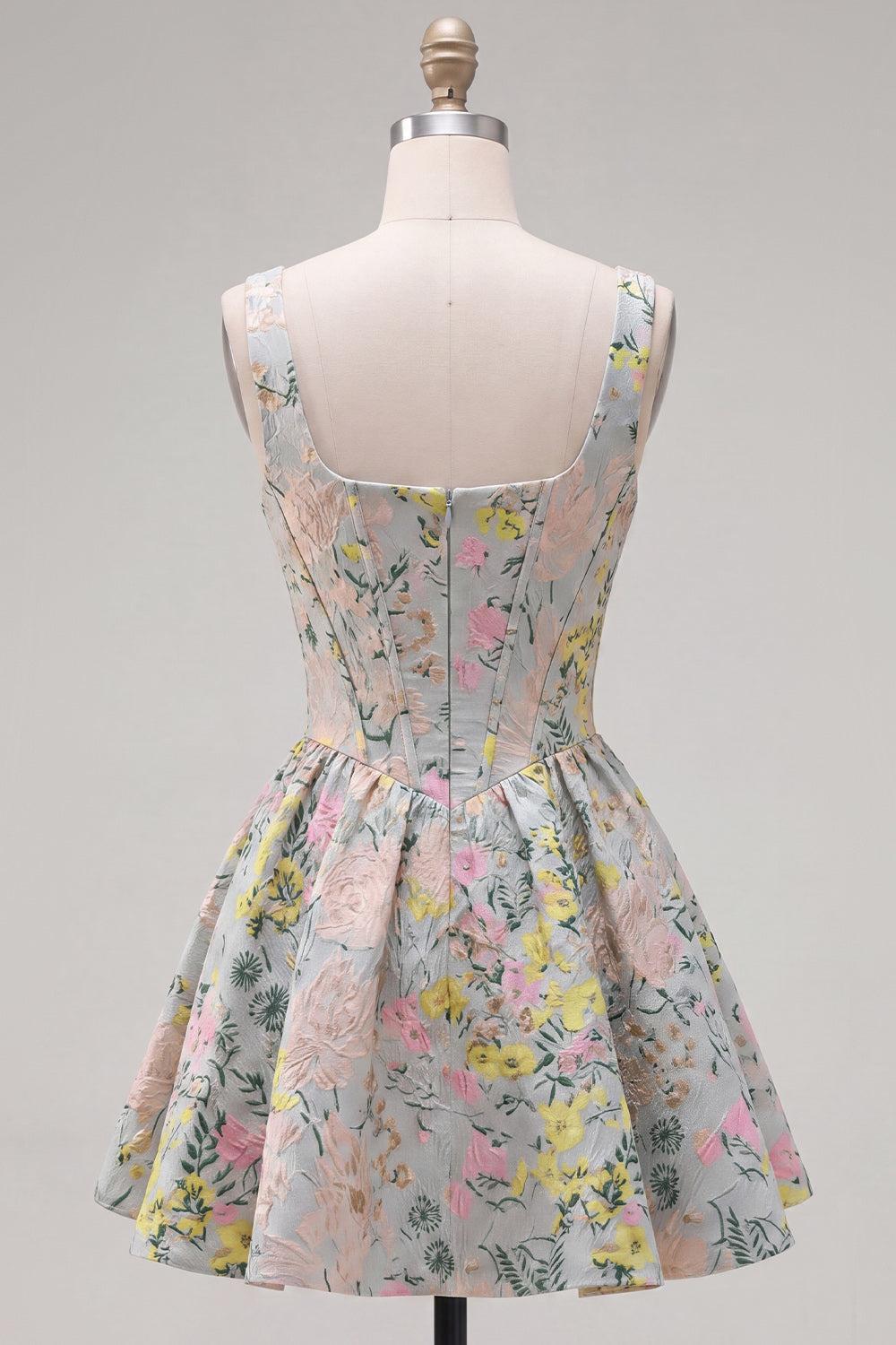 Dressystars Grey Square Neck Jacquard A-Line Short Corset Homecoming Dress