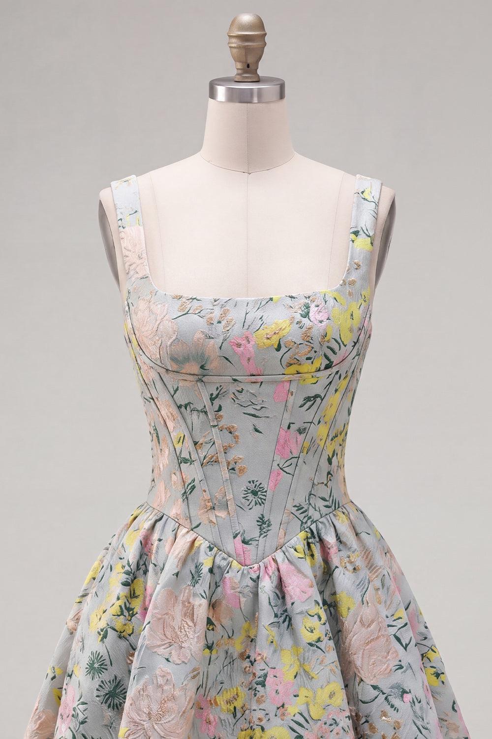 Dressystars Grey Square Neck Jacquard A-Line Short Corset Homecoming Dress