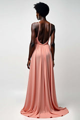 Dressystars Halter Blush Pink Wedding Guest Dress A Line Ruched Long Formal Dress