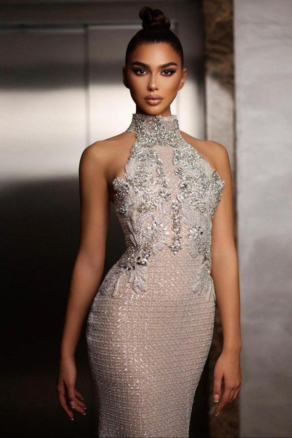 Dressystars Halter Formal Dress Silver Beaded Sheath/Column Evening Gown