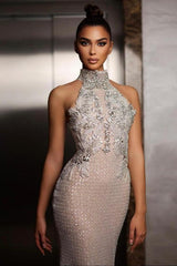 Dressystars Halter Formal Dress Silver Beaded Sheath/Column Evening Gown