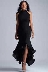 Dressystars Halter Neck Black Wedding Guest Dress Ruffled Mermaid Long Formal Dress With Slit