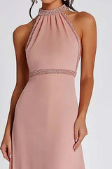 Dressystars Halter Neck Pink Wedding Guest Dress Beaded Long Formal Dress