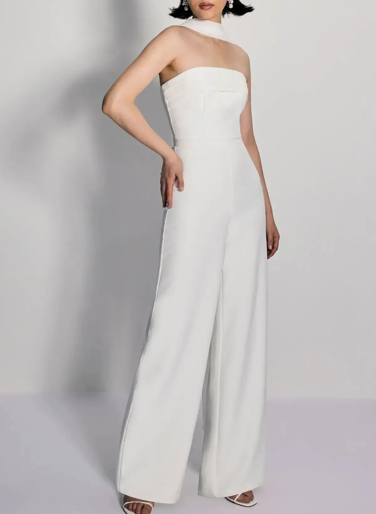 Dressystars Halter Neck Sleeveless Floor Length Chiffon Elastic Satin Wedding Jumpsuit