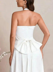 Dressystars Halter Neck Sleeveless Floor Length Elastic Satin Wedding Jumpsuit with Bow