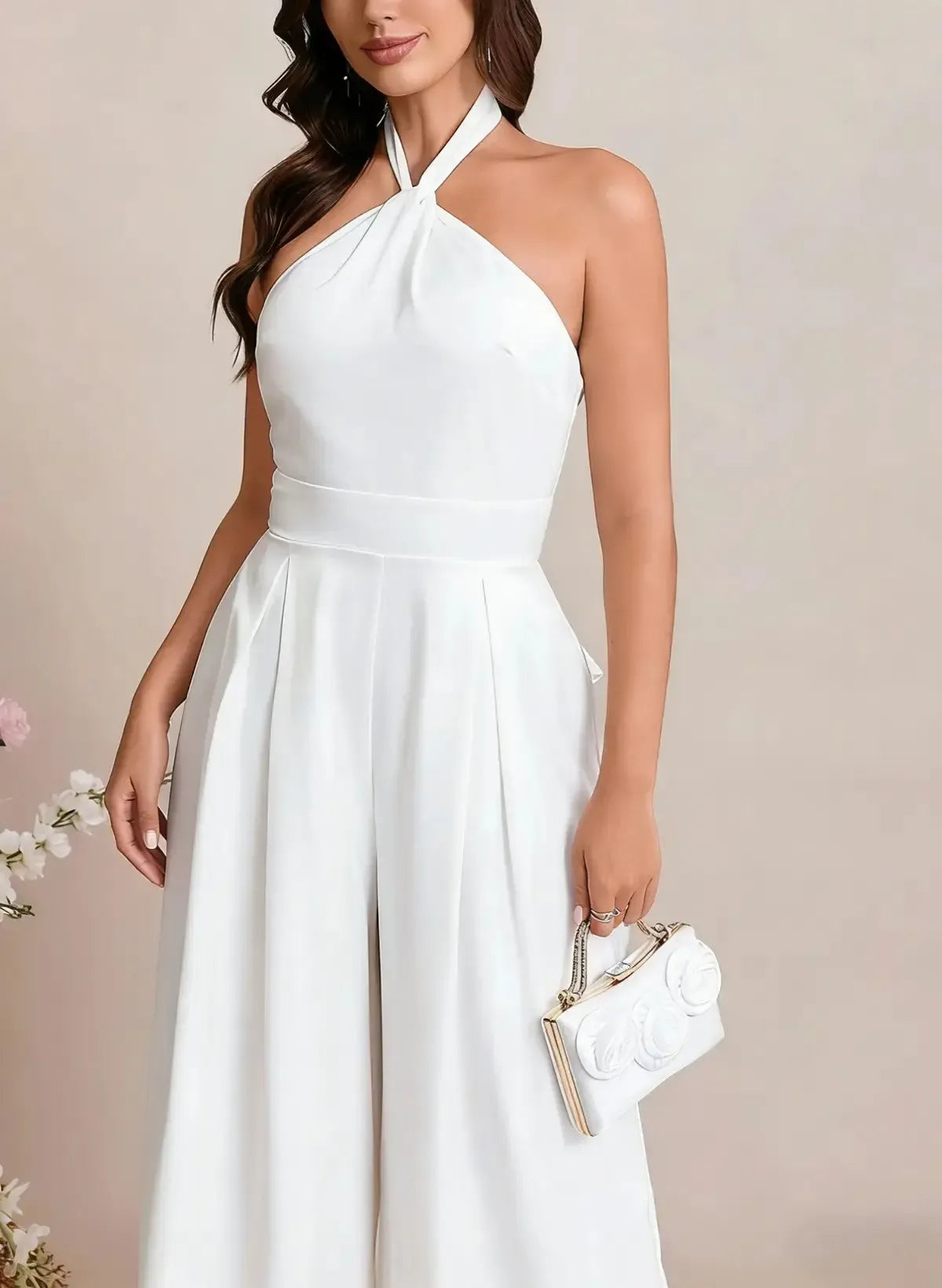 Dressystars Halter Neck Sleeveless Floor Length Elastic Satin Wedding Jumpsuit with Bow
