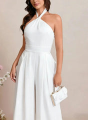 Dressystars Halter Neck Sleeveless Floor Length Elastic Satin Wedding Jumpsuit with Bow