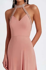 Dressystars Halter Pink Wedding Guest Dress Ruched Long Formal Dress With Beading